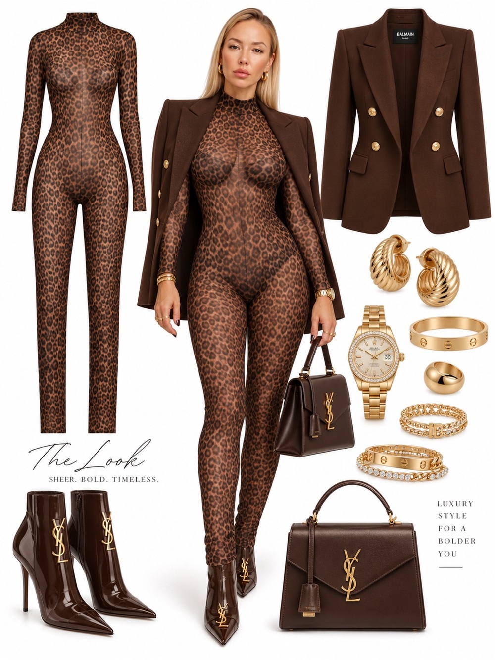 Leopard Print Sheer Jumpsuit - Brown